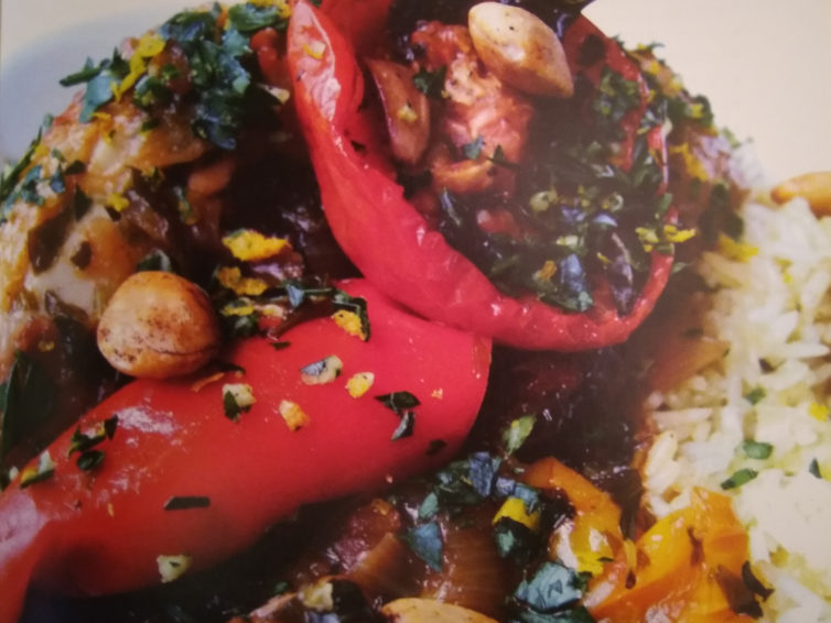 Chicken Basquaise with slow-roasted tomatoes, orange gremolata and saffron rice