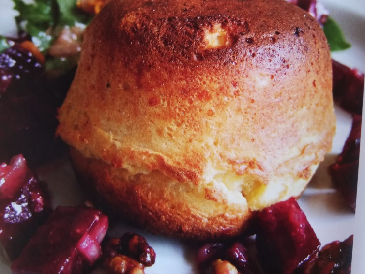 Goat’s cheese soufflé with beetroot and walnut salad